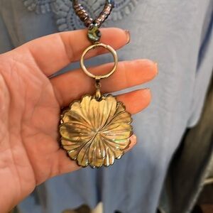 Necklace with pearls, abalone, and carved shell pendant